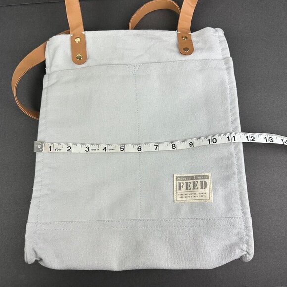 Feed Tote Bag Canvas Glacier Grey Tan Leather Gold Hardware Handbag No Closure - Picture 10 of 12